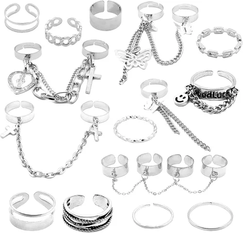 17Pcs Adjustable Punk Chain Rings Set Vintage Knuckle Gothic Rings Set Alloy Biker Obsidian Chain Open Rings Stackable Hollow Carved Finger Rings