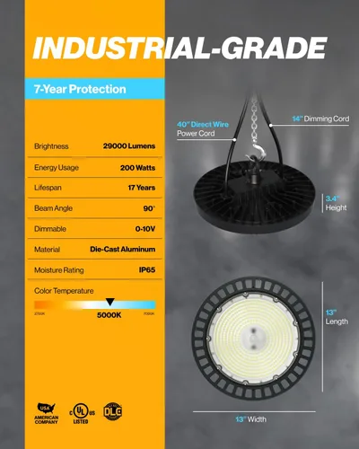 Vista 3 de Sunco UFO - Luz LED de alta bahía para almacén, 5000 K, 200 W, 29000 LM, 100-277 V, regulable 0-10 V, IP65 impermeable resistente a la intemperie