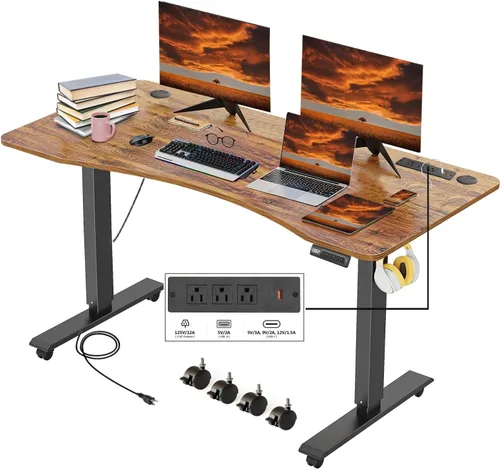 Escritorio eléctrico de pie de 55 x 24 pulgadas, altura ajustable, ergonómico, escritorio curvado para oficina en casa, estación de trabajo con 2