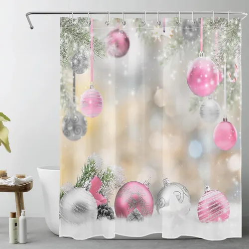 Vista 11 de LB Merry Christmas Shower Curtain Decor, Silver Blue Xmas Ball with Green Fir Branches Shower Curtain for Bathroom 60" W x 72" L Polyester Fabric