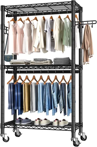 Estante para ropa resistente con ruedas, estante enrollable para prendas, estantes ajustables de alambre de 3 niveles para colgar ropa con barras