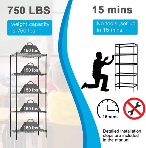 Vista 5 de 5 Tier Wire Shelving Unit Metal Storage Shelves Heavy Duty Metal Shelf Organizer Layer NSF Certification Commercial Grade Utility Rack for Bathroom