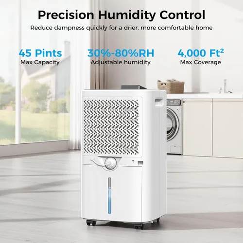 Vista 2 de Deshumidificador de 4,000 pies cuadrados para sótano, deshumidificadores de 45 pintas para el hogar con manguera de drenaje, control inteligente