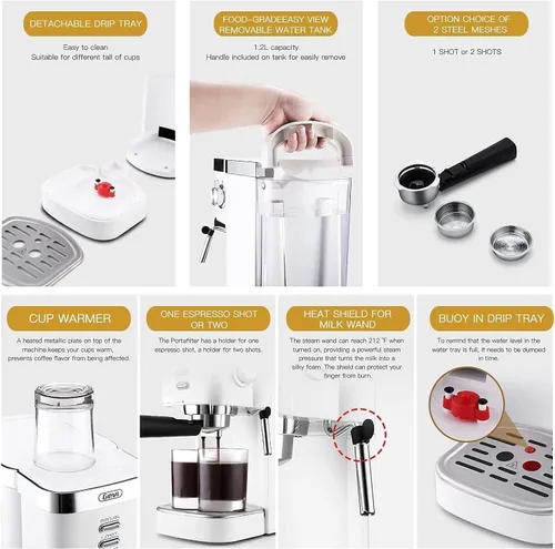 Vista 8 de Gevi Cafetera de capuchino automática de calentamiento rápido de 20 bares, con espumador de leche espumante para expreso, latte macchiato, tanque