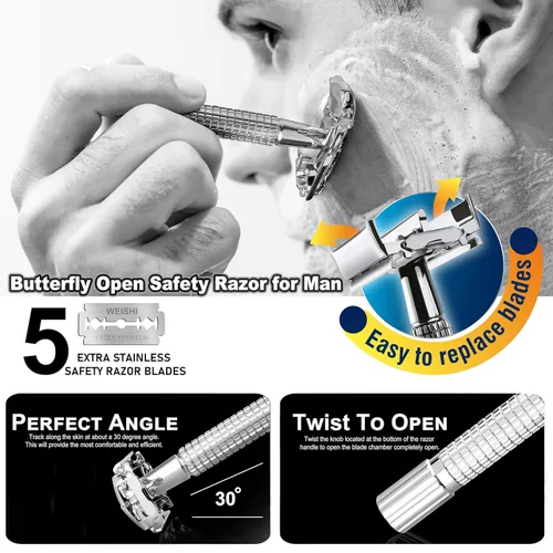 Vista 2 de WEISHI rasuradora con mango largo cromado, apertura tipo mariposa, borde doble, segura