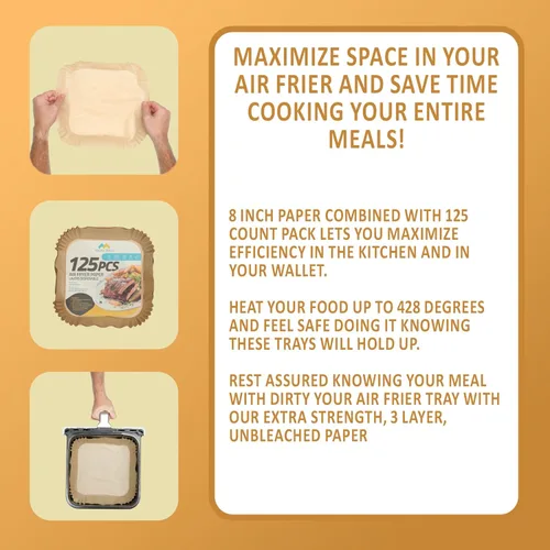 Vista 6 de Forros desechables para freidora de aire – Paquete de 125, papel pergamino antiadherente sin blanquear de 8 pulgadas, se adapta a cestas de 5-8
