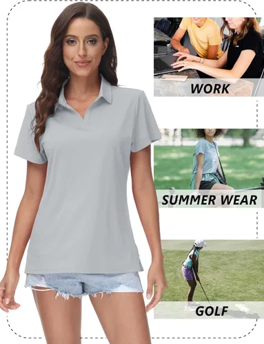 Vista 7 de TACVASEN Polo de manga corta con cuello en V para mujer, con protección solar UPF 50+, secado rápido, para golf