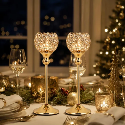 Vista 2 de Juego de 2 portavelas de cristal dorado para chimenea, mesa auxiliar, decoración de bodas, hogar, Halloween, centros de mesa 13“ Tall Tea Light