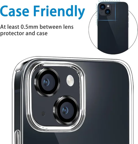 Vista 2 de Compatible con iPhone 14 y 14 Plus, protector de lente de cámara antiarañazos, protector de pantalla de vidrio templado 9H, anillo de cámara a Negro
