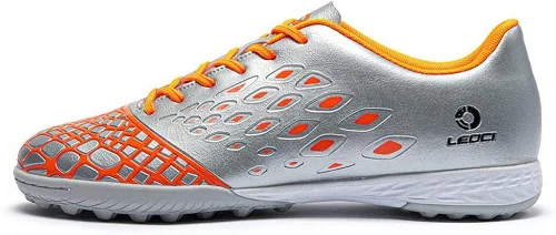 LEOCI Zapatos de fútbol Suela de césped para hombres y mujeres y niños zapatos de goma en relieve duraderos para exteriores Plateadoanaranjado