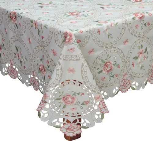 Creative Linens Mantel bordado con diseño de margaritas rosas y flores pastel, 68 x 104 pulgadas, rectangular y 12 servilletas marfil primavera