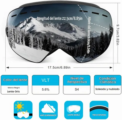 Vista 5 de SPOSUNE Ski Goggles Over Glasses for Men Women Youth, Large, Max-Vision Azul Vlt 14%