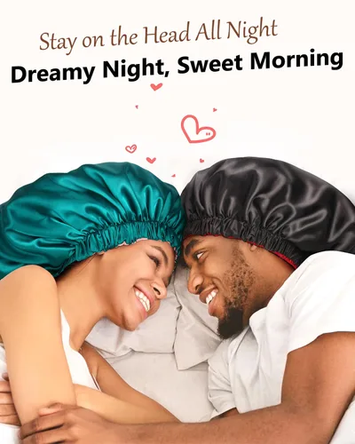 Vista 7 de mikimini Gorro de satén para hombres y mujeres, gorro de dormir reversible de doble capa para trenzas de cabello con banda elástica ajustable Negro