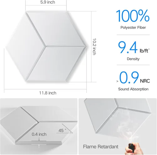Vista 177 de Paquete de 12 paneles acústicos autoadhesivos de 12 x 10 x 0.4 pulgadas, paneles de espuma a prueba de sonido con alta densidad, elegante diseño