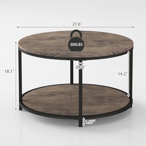 Vista 2 de NSdirect Mesa auxiliar redonda, mesa de centro pequeña de 27.5 pulgadas para sala de estar, escritorio de madera rústica de 2 niveles con estante