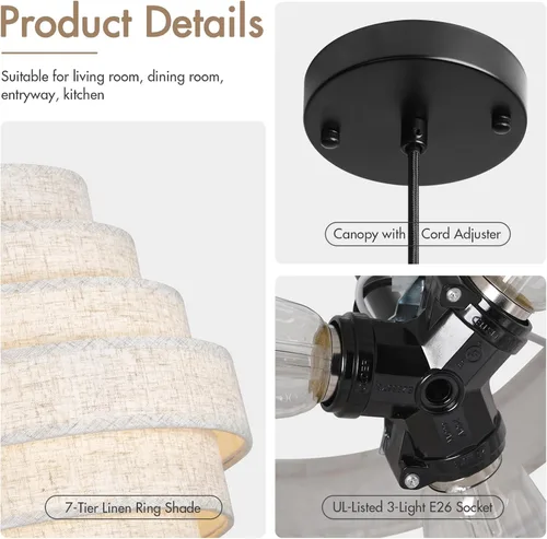 Vista 4 de Lámpara de araña moderna de 16 pulgadas con pantalla de tambor de lino escalonada, lámpara colgante para comedor, isla de cocina, mesa de granja