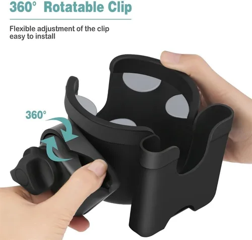 Vista 5 de Portavasos universal para cochecito con funda para teléfono, accesorios para cochecito 2 en 1 con rotación de 360°, soporte ajustable para bebidas
