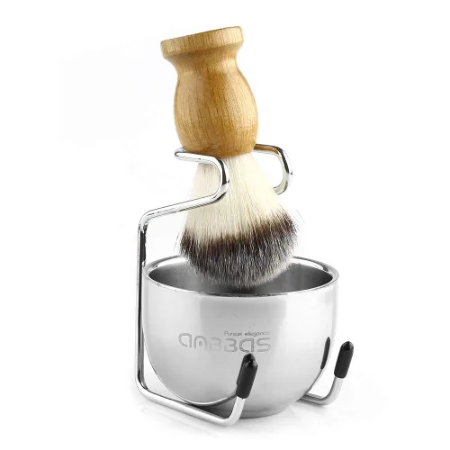 Anbbas brocha de afeitar con pelo sintético de tejón y mango de madera, soporte y cuenco de afeitado de acero inoxidable, perfecto para afeitado