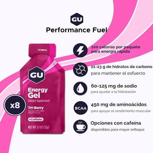 Vista 2 de GU Energy Nutrición Deportiva Original, Gel Energizante, 8 unidades, Tri-Berry