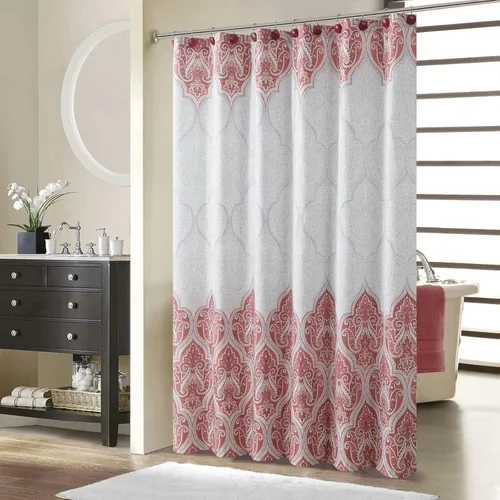 Vista 23 de Cortina de ducha larga de tela, cortinas de ducha de damasco bohemio con estampado de paisley en vino burdeos y oro amarillo, cortinas impermeables