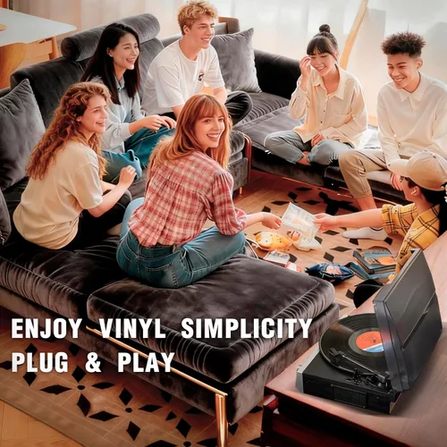 Vista 5 de Tocadiscos de vinilo, tocadiscos vintage de 3 velocidades con altavoces integrados y radio FM, tocadiscos todo en uno para vinilo con salida RCA