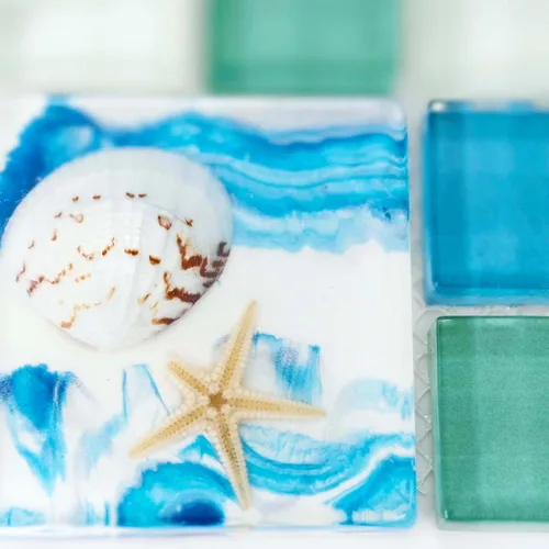 Vista 5 de Azulejo de vidrio brillante para salpicaduras de playa, resina, mosaico azul con concha, diseño de pez de mar, azulejos de suelo y pared