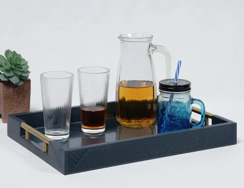 Vista 2 de Bandeja para servir con asas de metal pulido, bandeja rectangular de 16.5 x 12 pulgadas, bandeja decorativa moderna, bandeja otomana grande, Azul