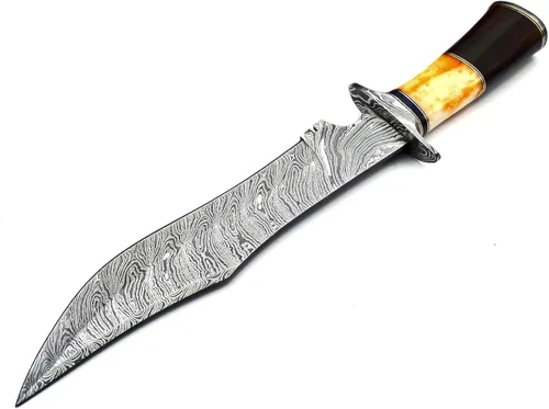 Vista 8 de BK-40 Cuchillo Bowie de acero de Damasco hecho a mano de 15 pulgadas - Hermoso mango de hueso de madera de rosa y cuerno de toro con vaina