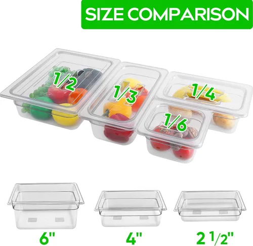 Vista 7 de Paquete de 6 bandejas para alimentos transparentes de 1/2 tamaño de 4 pulgadas de profundidad con tapas, bandejas comerciales para alimentos