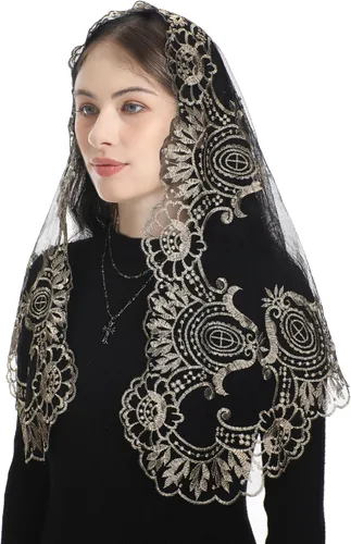 Vista 4 de Bozidol Velos triangulares de mantilla de capilla católica bordado de camelia corta bufanda de masa latina velo de encaje de iglesia con caja