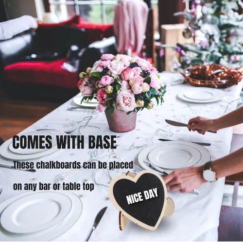 Vista 5 de 10 mini letreros de pizarra de madera, pizarra con soporte de caballete, pizarra en forma de corazón, tablero de mensajes de escritorio