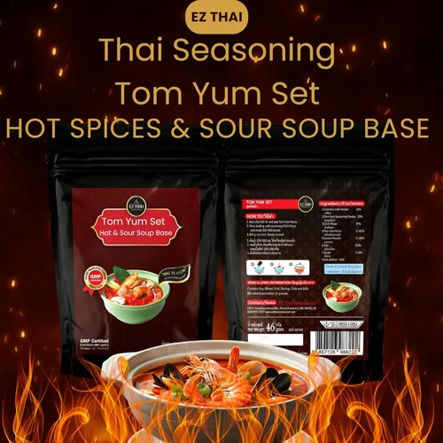 Vista 2 de EZ THAI Mezcla de sopa Tom Yum prémium de 1.6 onzas – Auténtico kit de base de sopa picante y agria con hierbas secas y pasta de chile – Ingrediente