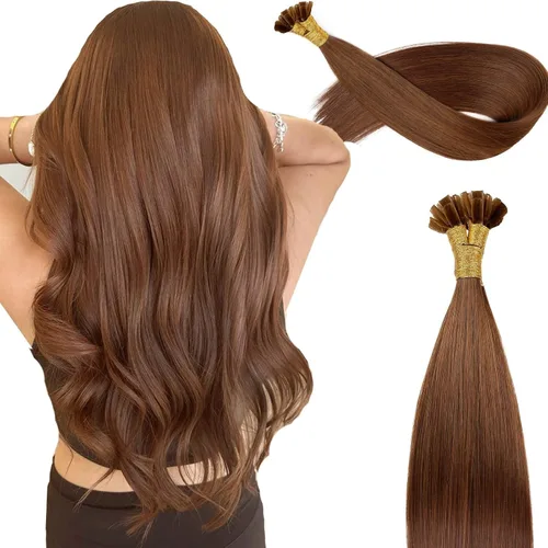 Vista 11 de Extensiones de cabello humano con punta en I de 14 pulgadas #16/60, color rubio con reflejos dorados y marrón grisáceo mezclado, extensiones