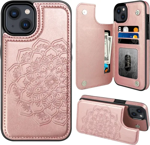 Vista 9 de MMHUO para iPhone 14 Funda con Tarjetero, Funda Flip Magnética con Flores en la Parte Posterior para Cartera de iPhone 14 para Mujeres, Funda Azul