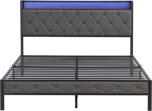 Vista 6 de Full Bed Frame Metal, Charging Station and Led Lights, Upholstered Platform Bed with Heavy Metal Slats, No Box Spring Needed, Noise Free, Easy
