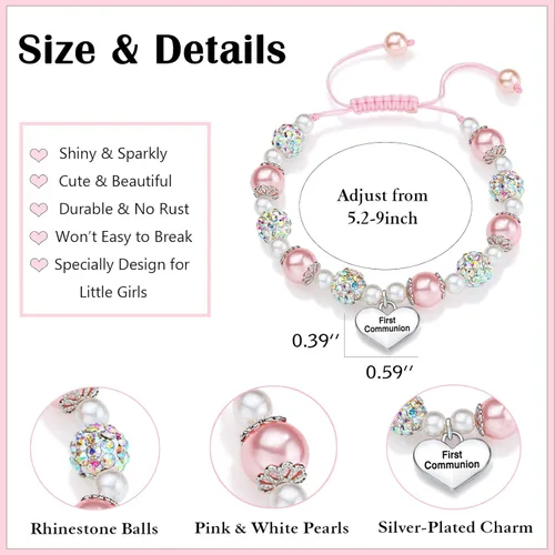 Vista 3 de UNGENT THEM Pulsera de perlas rosas y diamantes de imitación, regalos de primera comunión, regalos de bautismo para niñas