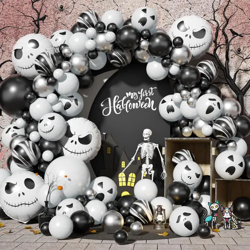Vista 11 de Kit de guirnalda de arco de globos de Halloween con globos de araña grande, negro mate, verde lima, morado, globos de látex metálicos con globos