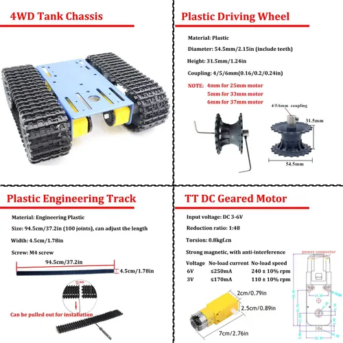 Vista 4 de Kit de chasis de tanque RC con 4 motores DC TT para Arduino UNO R3/Raspberry Pie/STEAM Education, TT04 Metal Crawler Smart Tank Car Chassis Platform