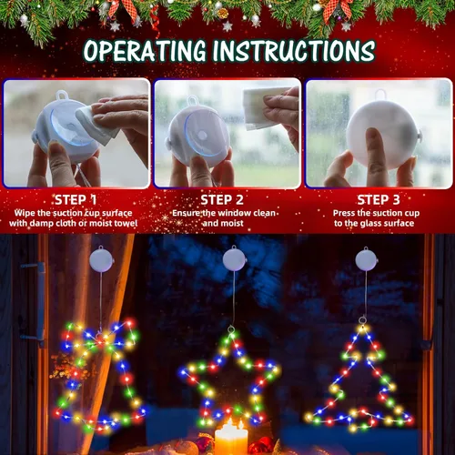 Vista 7 de 3 luces de ventana de Navidad, marco de metal, decoración de ventana de Navidad, funciona con pilas, luces colgantes de árbol de Navidad, cascabel