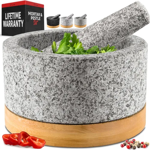 Vista 10 de Priority Chef Juego de mortero y mazo de alta resistencia con base de bambú, molinillo de piedra de granito 100% natural, tazón y machacador de Negro