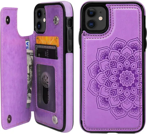 Vista 9 de Vaburs Funda compatible con iPhone 11 con tarjetero y diseño de mandala en relieve, piel sintética de alta calidad, doble botones magnéticos, a