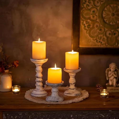 Vista 7 de Portavelas de madera Candeldo para pilar: juego de portavelas rústico de 3 piezas, decoración central de mesa, decoraciones de madera blanca