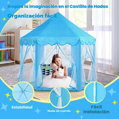 Vista 5 de Monobeach - Tienda de campaña estilo castillo de princesa para niñas - Tienda grande para niños con luces de estrella para juegos en interiores