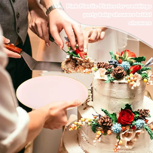 Vista 5 de LIYH 96 piezas de platos desechables de postre y tenedores de oro rosa - Juego de platos de plástico de 19 cm para ensalada, pastel y aperitivos