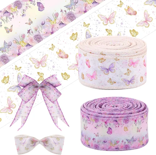 Tigeen 2 rollos de cinta de arpillera con borde de mariposa de 20 yardas de 1.6 pulgadas, cinta de arpillera de flores de mariposa morada para