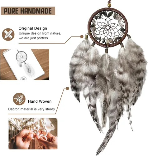 Vista 4 de Mini atrapasueños – Pluma de pollo con ágata gris, pequeño atrapasueños hecho a mano para dormitorio, un atrapasueños para niñas y niños, decoración