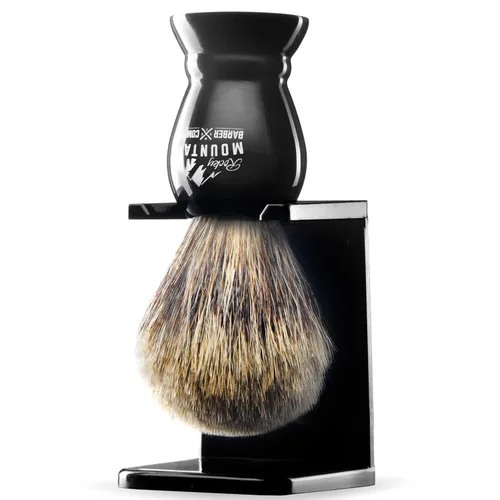 Vista 4 de Brocha de Afeitar con pelo de tejón con soporte – Rocky Mountain Barber 100% mejor de grado barbero con mango negro grande resistente de resina
