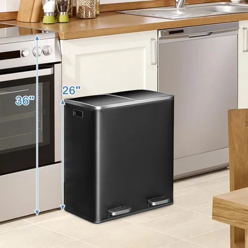 Vista 2 de Goplus Basurero doble de 60 litros (2 x 30 L)/16 galones de acero inoxidable, cubo de basura rectangular con cubos interiores y tapas con bisagras