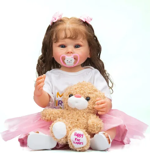 Muñecas Reborn de silicona de cuerpo completo para niña de 22 pulgadas, muñecas realistas con pelo largo y vestido rosa teca para cumpleaños de niños