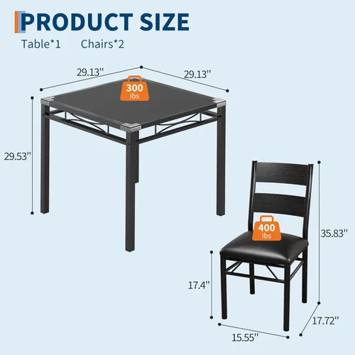 Vista 2 de Garvee Juego de 2 mesas de comedor de madera para 2 con sillas tapizadas, juego de 2 sillas de mesa de cocina con protector de esquina, juego